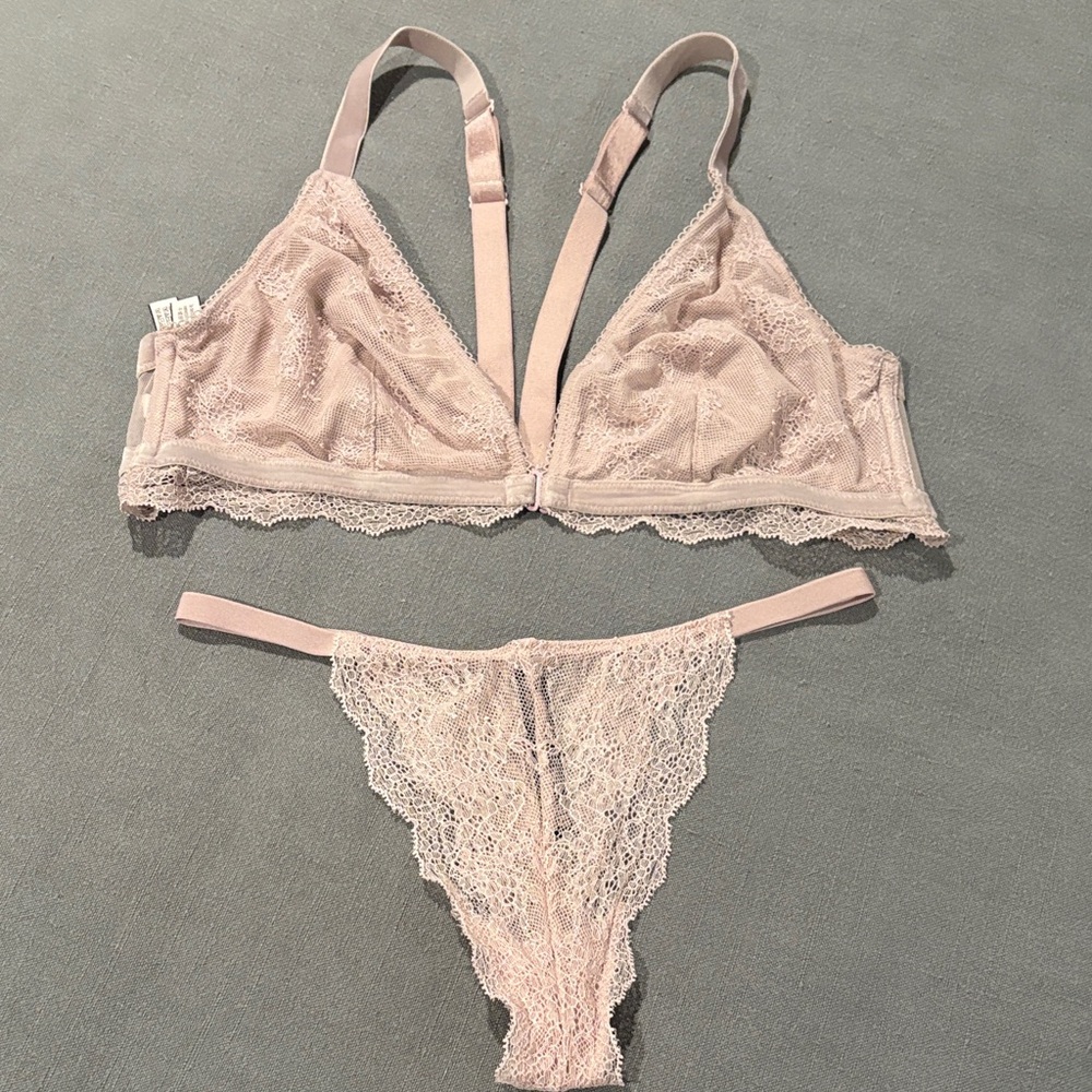 Victoria’s Secret Lace Bralette and Panty Set in dusty rose.